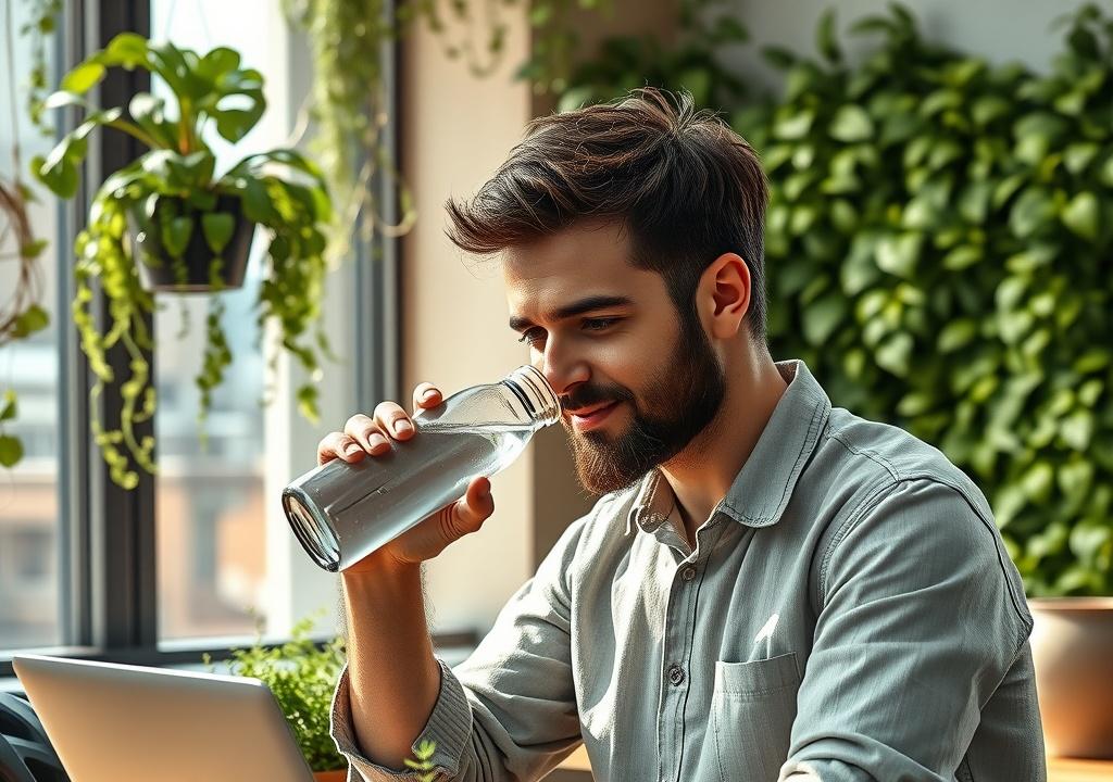 A bearded man in his early 30s wearing rolled-up linen sleeves, calmly sipping purified water from a reusable glass bottle at a natural wooden coworking desk. He's seated near a modular tabletop garden overflowing with mixed ferns and trailing philodendrons, under hanging plants suspended from the ceiling. Behind him, soft daylight pours in through large urban windows, illuminating subtle wood textures and the matte finish of his light laptop. A bicycle helmet and a canvas messenger bag rest casually beside his seat, hinting at his eco-conscious commute. His hair is slightly tousled, and faint smile lines frame his focused expression. The vertical green wall in the distance adds depth, with a dust-speckled ceramic pot catching light nearby. Shot on iPhone 15 Pro, 35mm lens, ƒ/1.6, ISO 100. Handheld RAW photo with shallow depth of field and visible textures—linen creases, plant shadows, and real-world imperfections. –ar 1:1 –hyper-realistic RAW iPhone photograph